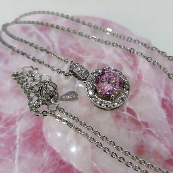 3ct Pink Moissanite ✦ Halo Pendant Necklace ✦ 925 Silver 14K Gold Overlay 18" - Picture 3 of 11